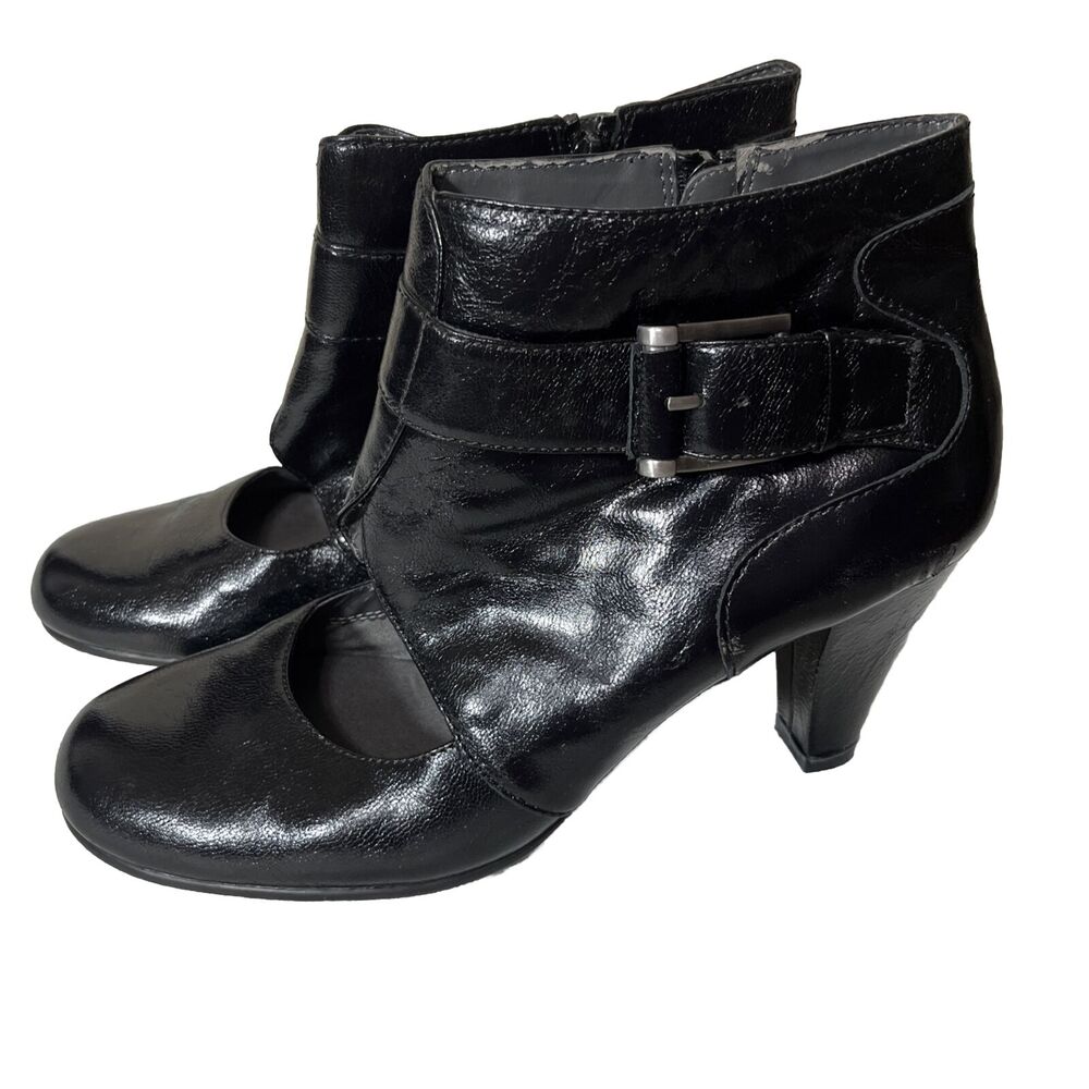 Aerosoles Ankle Boots Alaska Leather Black Heeled Bootie Size 9.5 Buckle